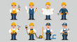 © Faisal - Eight cartoon construction workers with tools against a gray background