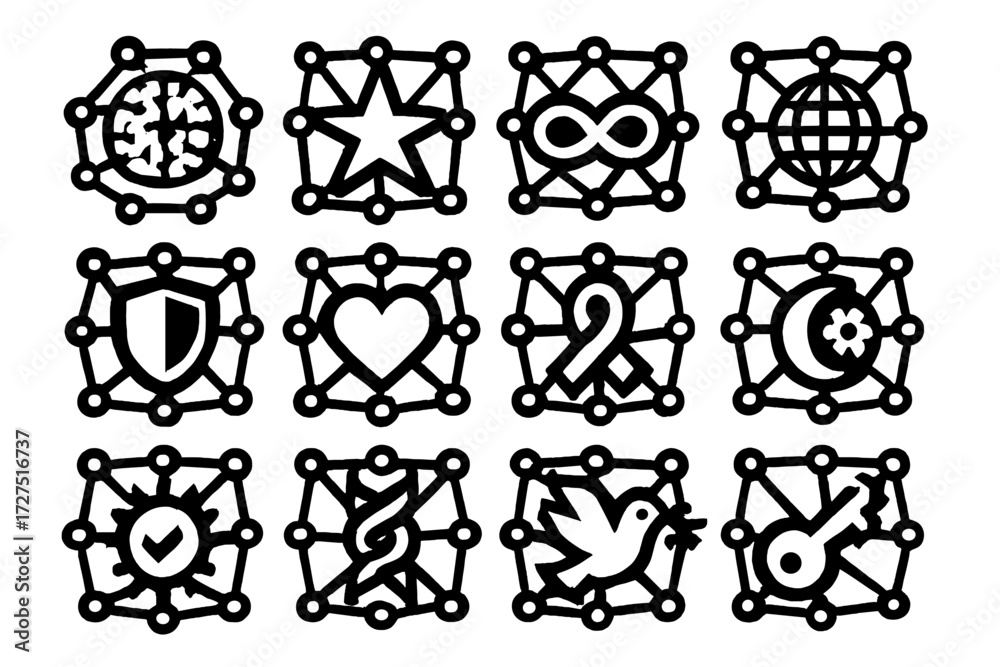 Symbolic AI Icons. Symbolic AI Networks silhouette set : AI net with ...