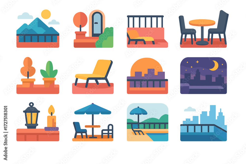 Rooftop Icon Collection. Scenic Rooftop Icons icons in modern flat ...
