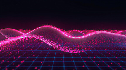 Wavy Digital Particle Mesh Landscape with Neon red Glow