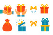 © peppastocker - Gift Exchange Icons. Festive exchange in modern flat vector : hands giving gift, hands receiving gift, shared box, holiday sack, surprise box, tied