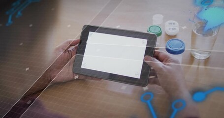 Woman aligning tablet screen, causing digital grid fading and code scrolling showing interface demo