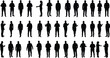 © Miss - Human silhouettes, standing poses, crowd composition, black outline, male and female, posture variety, minimal design, gesture study, white background, visual diversity