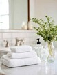 © Anat art - Rolled White Towels and Glass Bottles With Natural Greenery Arranged on a Marble Bathroom Counter in Soft Light