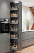 © Viktor - Modern kitchen features pull out pantry drawer full of jars and bottles. Organized food storage in contemporary gray cabinets with built-in oven. Clean home interior.