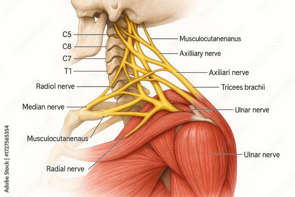 Anatomical illustration of the brachial plexus and nerves of the ...