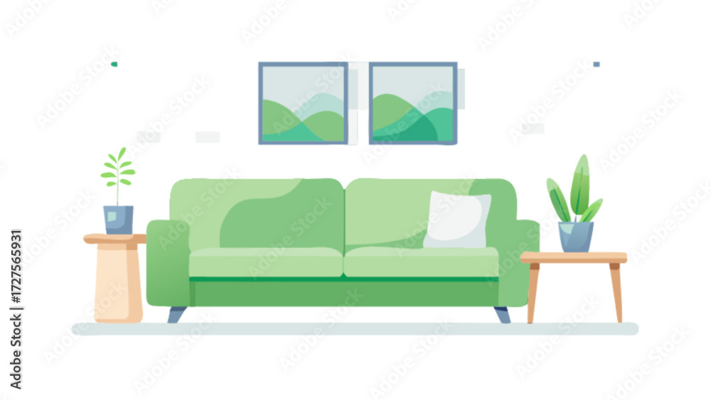 Green sofa living room interior design with plants and pictures for ...