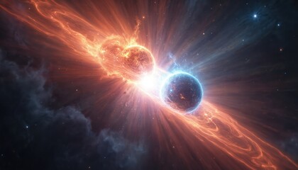 Wall Mural - Two celestial bodies collide creating bright nebula cloud. Cosmic event releases stellar energy and light in deep space. Stars explode, plasma streams, universe expands with gravitational waves.