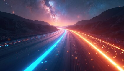 Wall Mural - Abstract concept of futuristic highway at night with glowing lanes. Scenic road through mountains under starry galaxy sky. Speeding transport and cosmic journey.