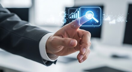 A hand touching a digital interface with graphs and a magnifying glass on a computer screen