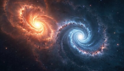 Wall Mural - Two giant spiral galaxies, one red and one blue, collide in deep space. Cosmic dust and stars swirl around bright galactic cores. Vast universe unfolds with stunning beauty.