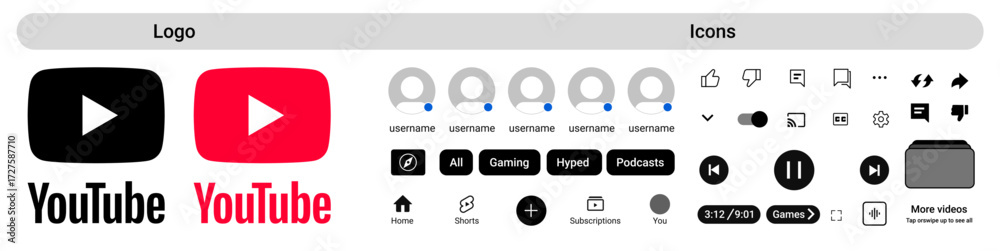 YouTube logos and UI icons pack for videos and streaming. Social media ...