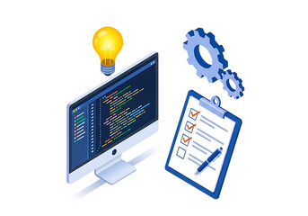 Computer coding, checklist, and gears isolated on transparent background