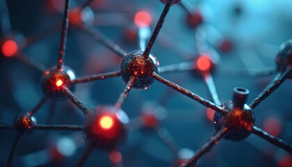 Abstract molecular network with glowing red nodes connected by dark, intricate structures. Futuristic digital grid pattern suggests advanced science, data, or nanotechnology research.