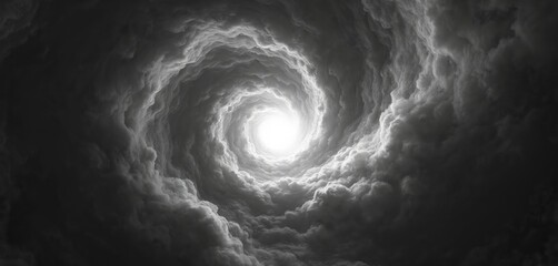 Wall Mural - Swirling grayscale clouds form a deep vortex tunnel leading to bright light. Abstract stormy atmosphere suggests motion and energy, great for sci-fi backgrounds.