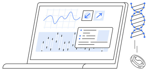 Laptop screen showcasing data charts and graphs, DNA helix, and biotech element. Ideal for technology, innovation, research, data analysis, science, biology and genetics themes simple flat metaphor