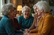 © Viktor - Five happy senior women laugh heartily, talk in cozy home living room. Elderly friends enjoy vibrant social gathering, share life stories, connect deeply, feeling immense joy. Old ladies show strong