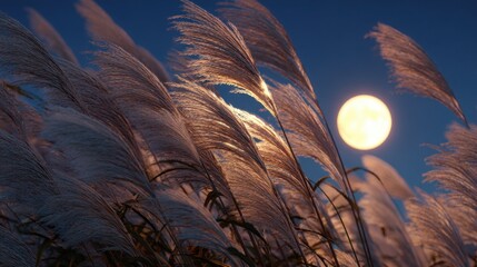 Wall Mural - A bright full moon rising in the clear autumn night sky, silver pampas grass (susuki) in the foreground swaying in the evening breeze
