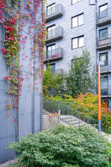 Vision of a future city in Stockholm with landscaped gardens and apartment housing, sustainable living concept blending Scandinavian design, urban greenery and environmental progress
