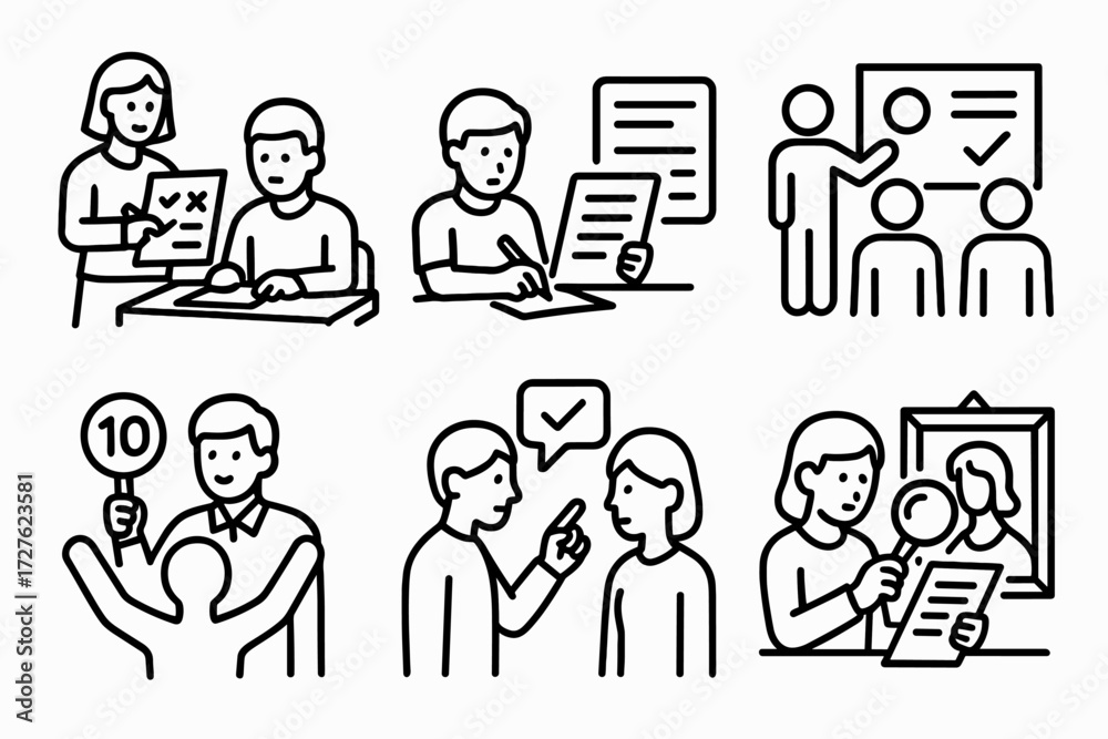 Course Reviewer Icon Review and Feedback Icons. Situations icons in outline style: teacher ...