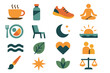© Innovator587 - Productivity Balance Icons. Productivity balance set of icons in abstract flat : coffee cup, water bottle, exercise shoe, yoga pose, lunch plate,