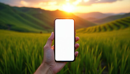 Person holds smartphone with blank screen in vast green field during sunrise. Beautiful landscape view shows rolling hills and golden sky, perfect for tech or travel themes.