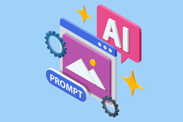 Isometric illustration of AI prompt generation with gears and abstract interface window. Concept of artificial intelligence, creative automation and digital design.