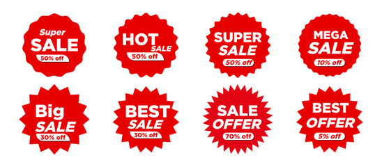 Set of discount and sale labels. Flat style red labels, stickers with sale discount text. Sale quality tags and labels. Starburst sticker and price label set, promo tag icons