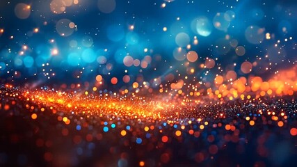 Abstract background of glowing bokeh lights and shimmering particles in a dark blue and orange gradient, creating a magical and festive atmosphere 4k video