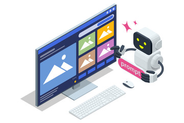 Isometric AI assistant to design a website or application on a large monitor, symbolizing automated UI UX creation. AI assistant using prompts to generate creative images on computer screen.