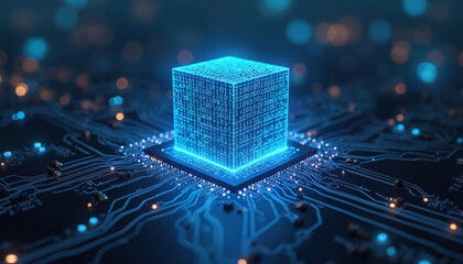Abstract glowing cube with binary code on motherboard. Digital circuit board with glowing blue lines and bokeh lights. Futuristic tech background for computer science and data processing.