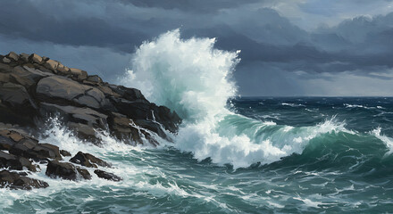  Ocean waves crashing against rocky shore under dramatic sky  
