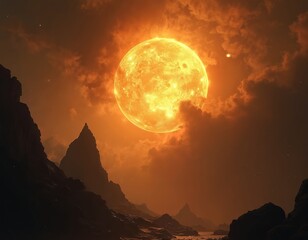 Wall Mural - Burning sun hangs over rocky alien planet landscape. Fiery star radiates intense light. Volcanic mountains and sparse clouds dot barren ground. Space exploration.