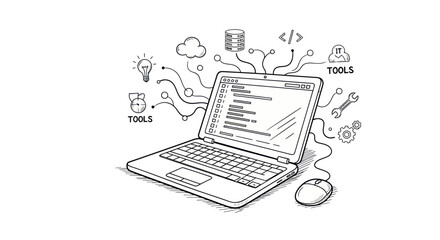 Laptop with Coding and Tools Digital Illustration.