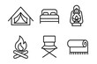 © ZubVector - Camping essentials: tent, bed, lantern, campfire, chair, blanket icons