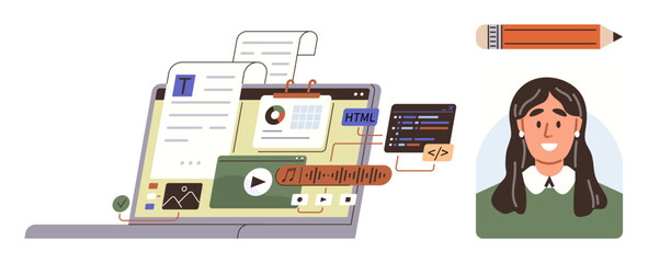 Laptop with open interface featuring documents, charts, code editor, media tools, and video player. Portrait of user and pencil suggests creative design and collaboration. Ideal for education