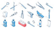 © solikhin - Isometric Dental Tools and Hygiene Products Collection Line Art.