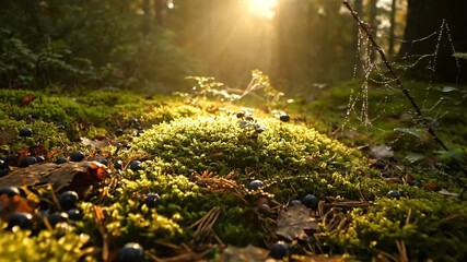 Wall Mural - Macro dolly shot gliding over a mossy forest floor illuminated by shafts of sunlight through the canopy light, focus, background