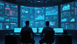 © Viktor - Two men sit in a dimly lit room in front of multiple glowing screens. They work together in a modern tech control center, analyzing complex data streams and system performance.