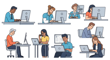 Diverse Group of People Working on Computers at Desks.