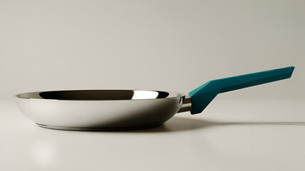 Stainless steel frying pan with blue handle isolated on white background