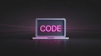 Laptop displaying the word code in pink neon light on a dark background