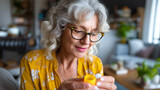 Elderly woman reading the label before swallowing her medication in a sunlit living room, senior prescription routine, home elderly health, woman taking pills, senior daily medicat
