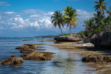 Wall Mural - Beautiful Juan Dolio beach offers tranquil waters, vibrant palm trees, and coral rock formations under a clear blue sky with gentle waves lapping at the shore