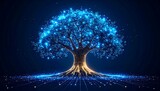 Digital tree lights up a futuristic landscape with bright blue and golden hues in a speculative fiction scene