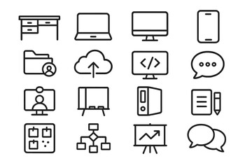 Office Icons Collection. Work context icons in outline style: office desk, laptop, desktop monitor, mobile screen, shared folder, cloud storage, code