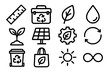 © King558 - Eco-Friendly Tool Icons. Eco-friendly tools icons in outline style: bamboo ruler, recycled toolbox, eco leaf, water droplet, plant sprout, solar