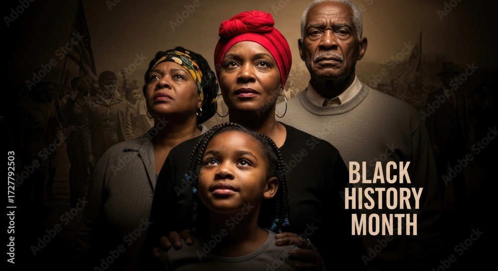 African American family generations gaze with hope and unity toward ...