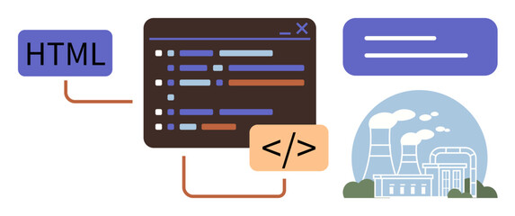 Coding interface with syntax symbols, HTML tag, factory illustration connected through data lines. Ideal for programming, automation, IoT, technology, coding industry software. Simple flat metaphor