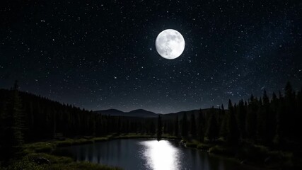 Wall Mural - full moon majestically traversing the starry night sky, illuminating a tranquil natural landscape in